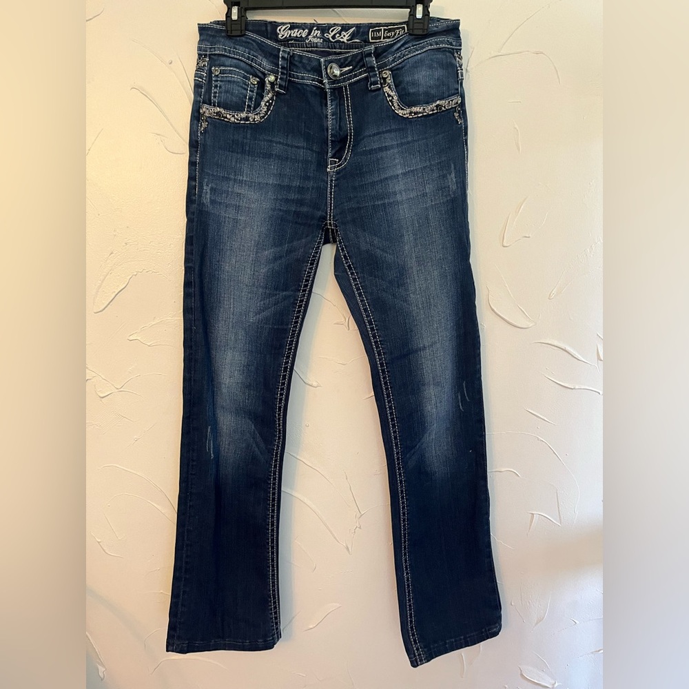 Grace in LA EZ Fit Boot Cut Sequin Yoke Embellished Flap Pockets SZ 11- 32x29